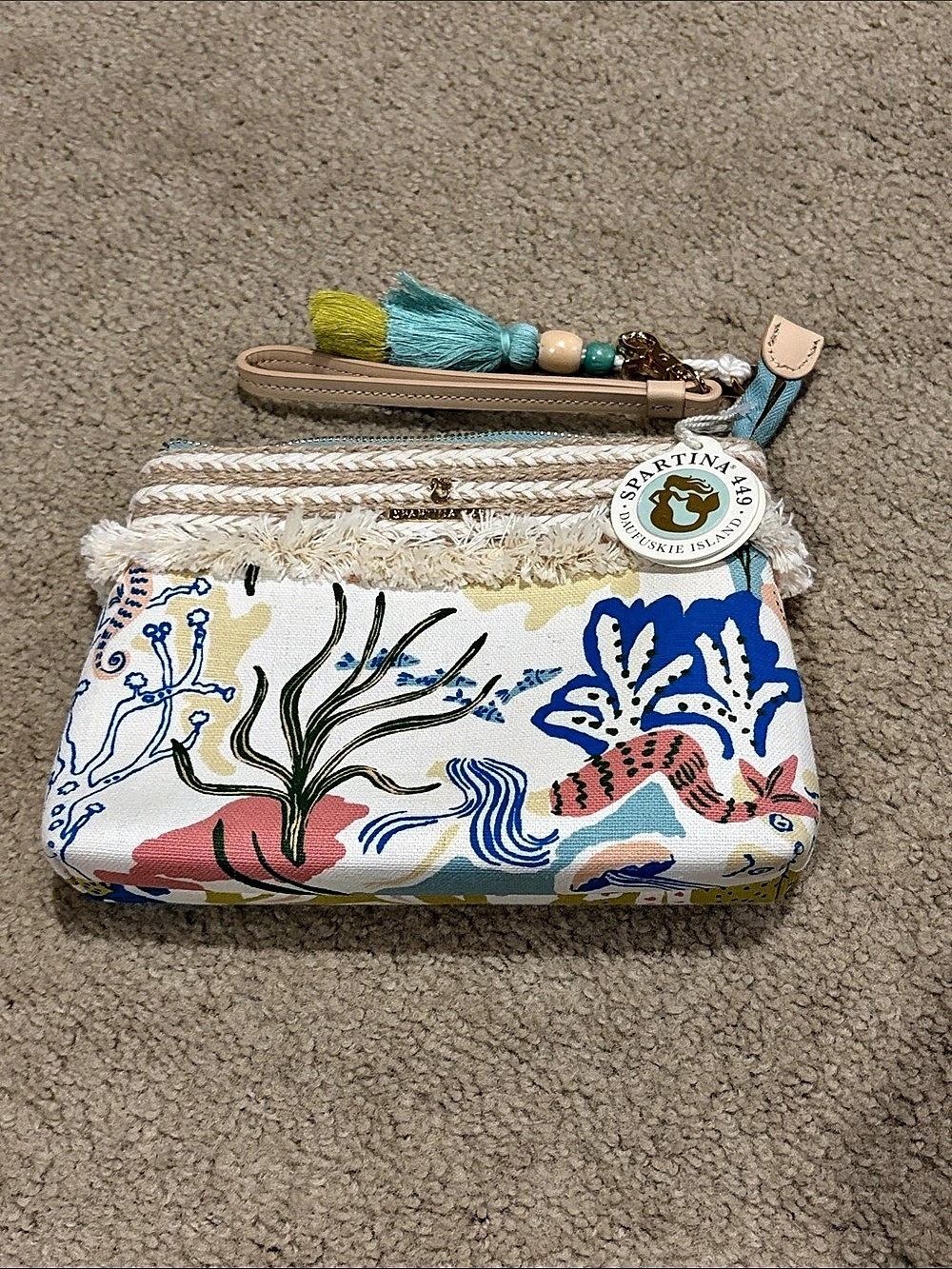 Spartina 449 Maci Wristlet Mermaid Sea Printed Fringe Wristlet Cosmetic Pouch in